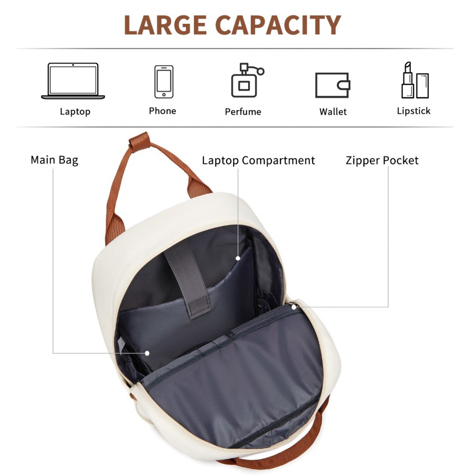 Kono Casual Contemporary Laptop Backpack - Cream and Brown - product view 8