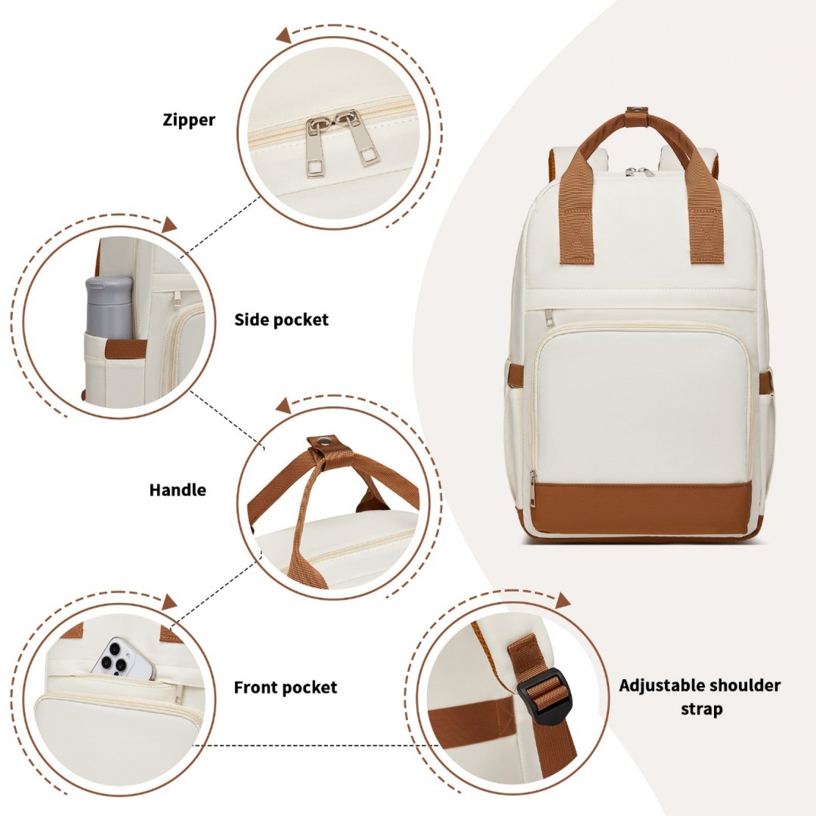 Kono Casual Contemporary Laptop Backpack - Cream and Brown - product view 7