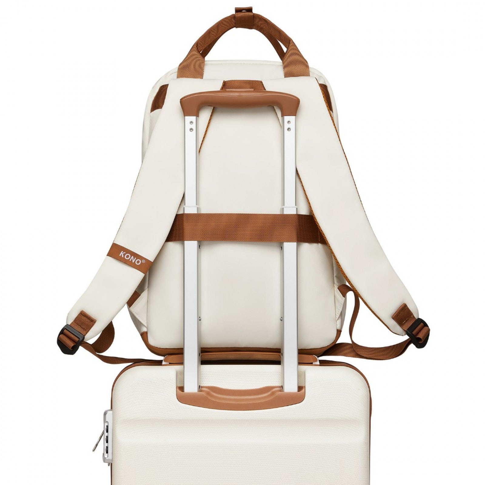 Kono Casual Contemporary Laptop Backpack - Cream and Brown - product view 12