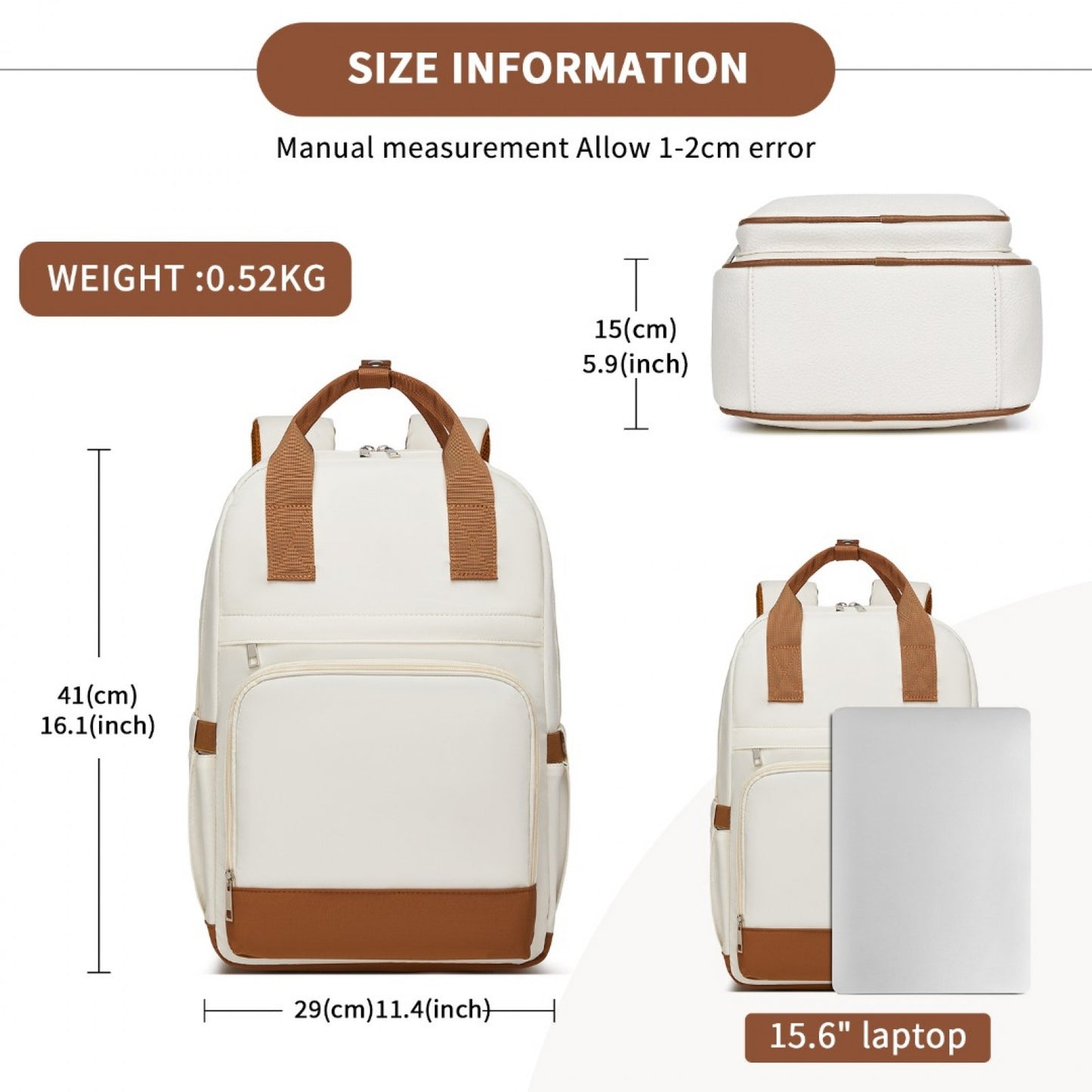 Kono Casual Contemporary Laptop Backpack - Cream and Brown - product view 6