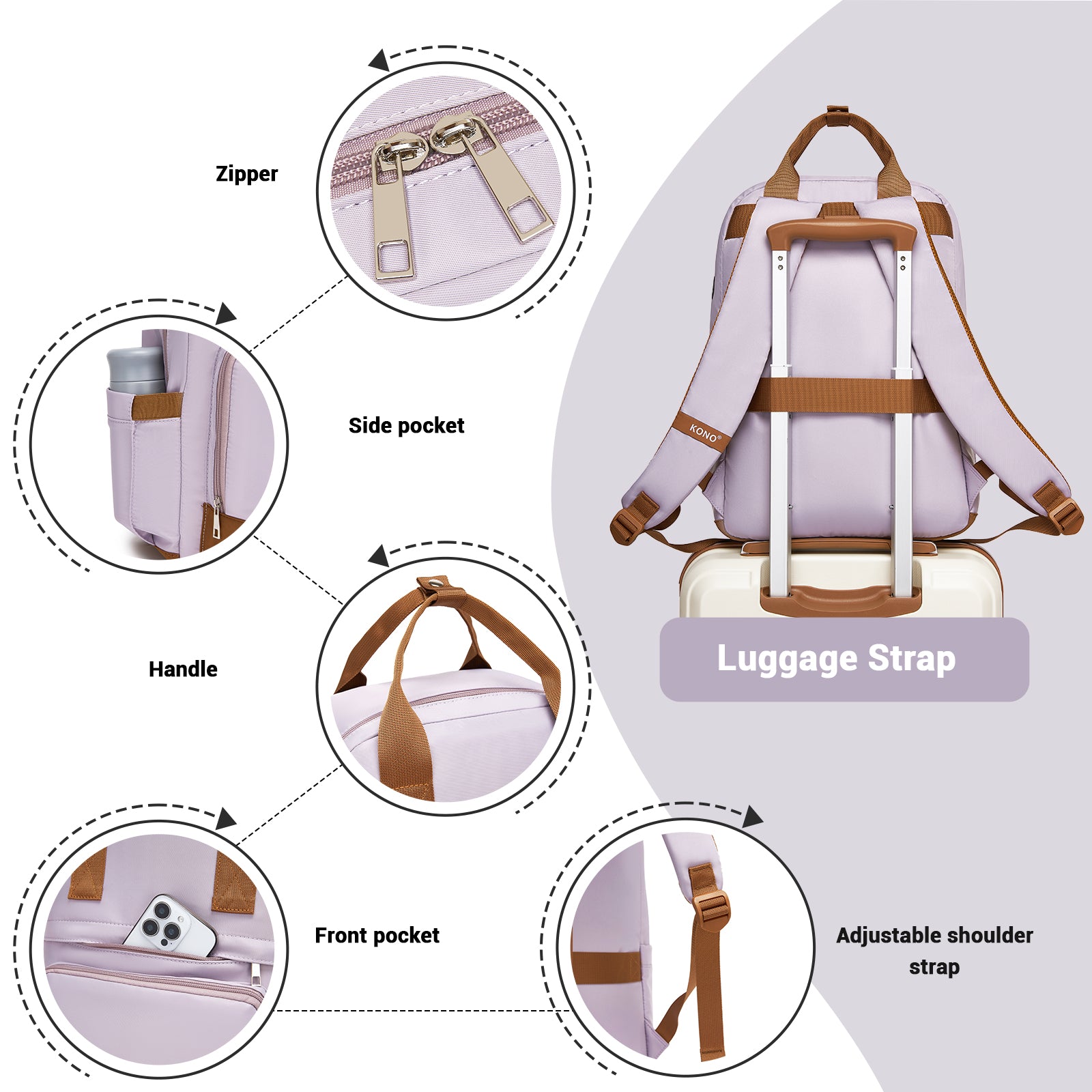 Kono Casual Contemporary Laptop Backpack - Purple and Brown - product view 7