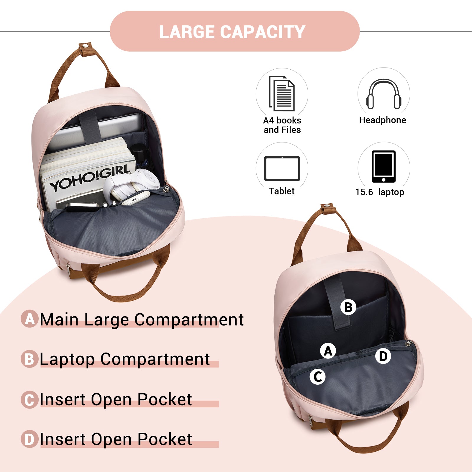 Kono Casual Contemporary Laptop Backpack - Pink and Brown - product view 8