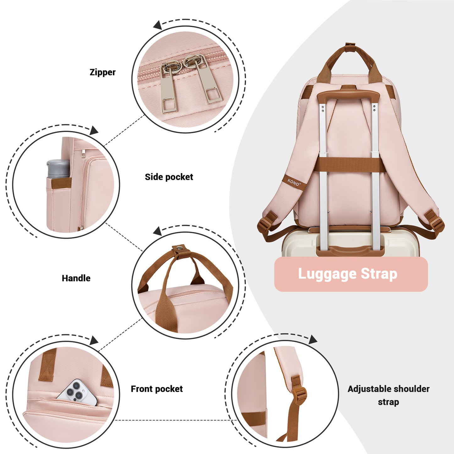 Kono Casual Contemporary Laptop Backpack - Pink and Brown - product view 7