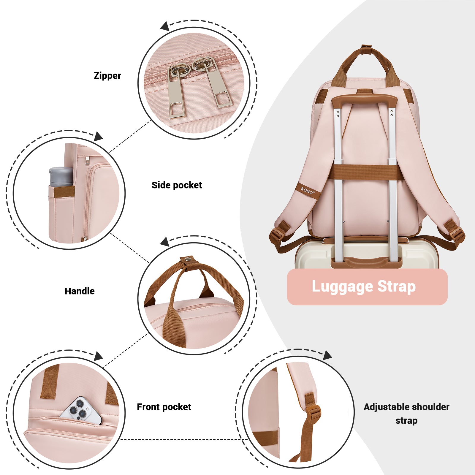 Kono Casual Contemporary Laptop Backpack - Pink and Brown - product view 7