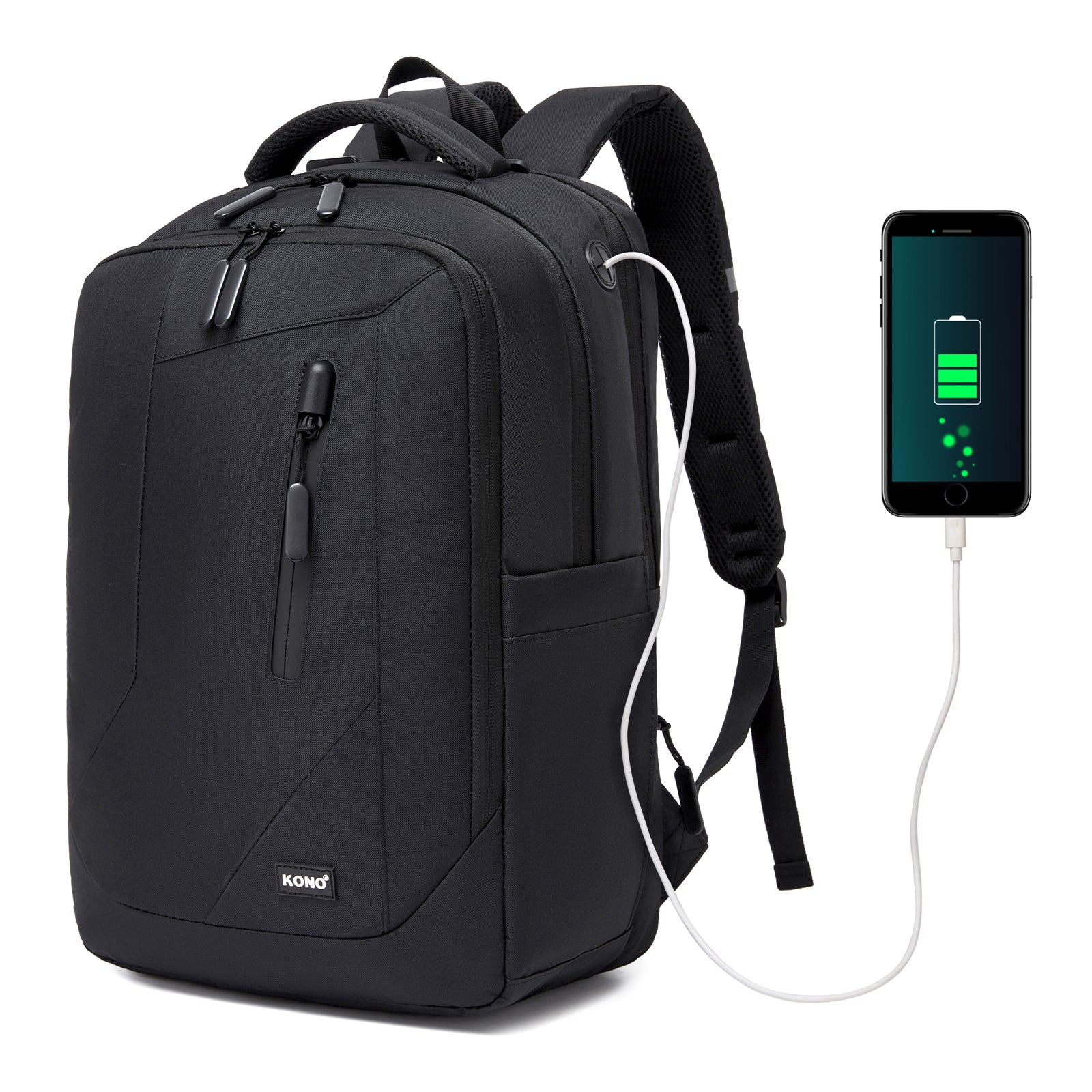 Kono Laptop Backpack with 15.6" Laptop Compartment, Stylish Commuter Bag with Reflective Straps (BPK2519) - Black
