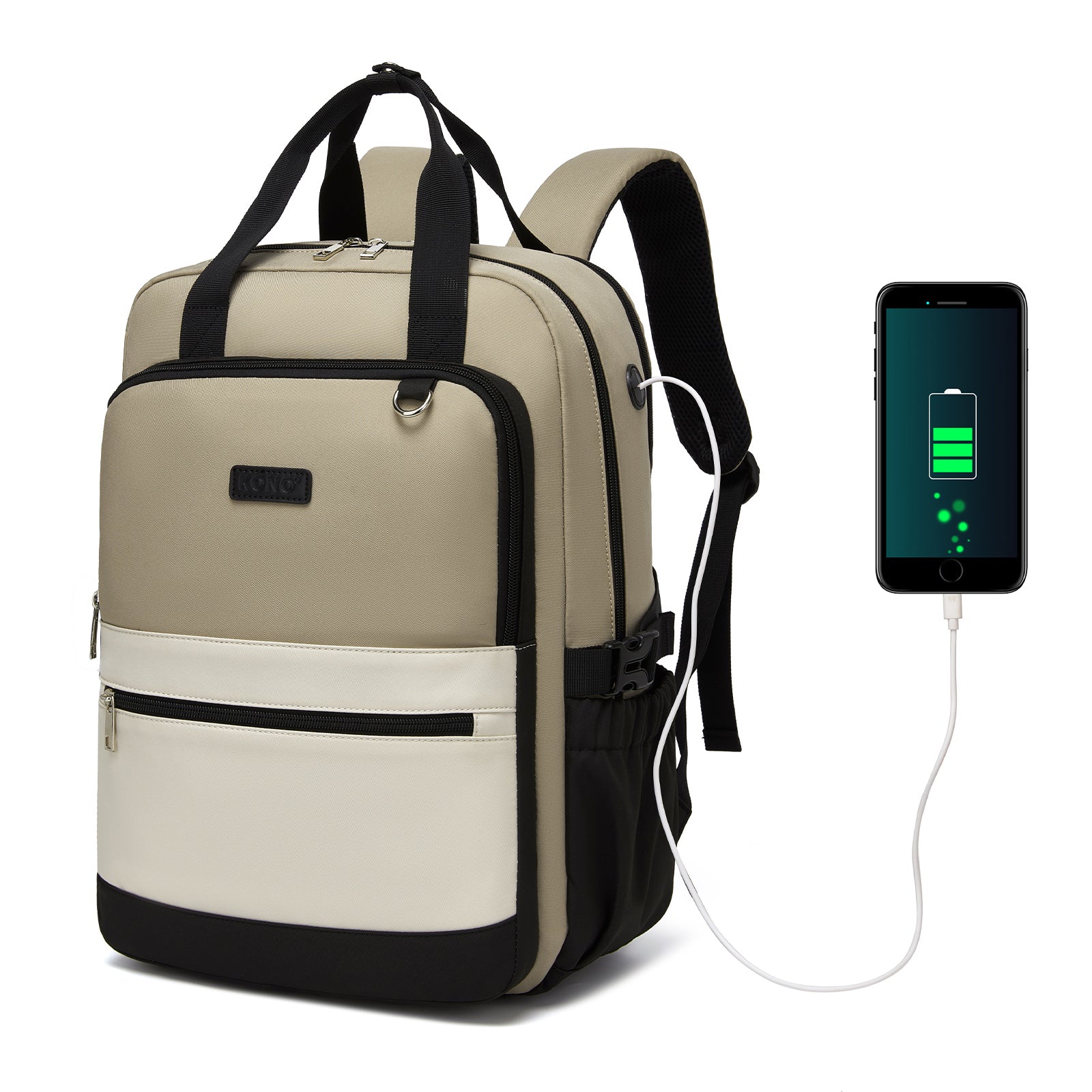 Kono Water-Resistant Laptop Backpack - Khaki and Beige
