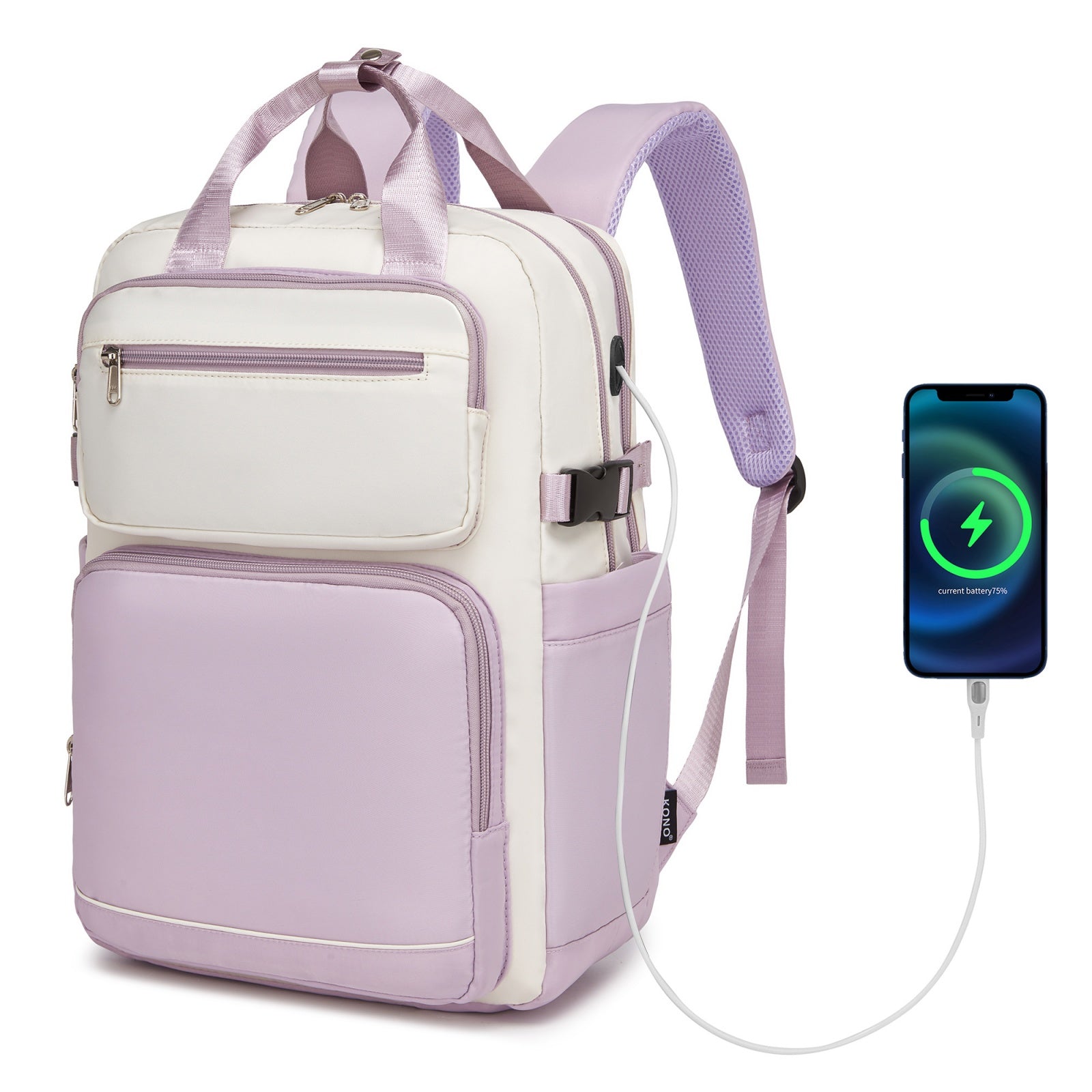 Kono Reflective Laptop Travel Backpack - Beige and Purple