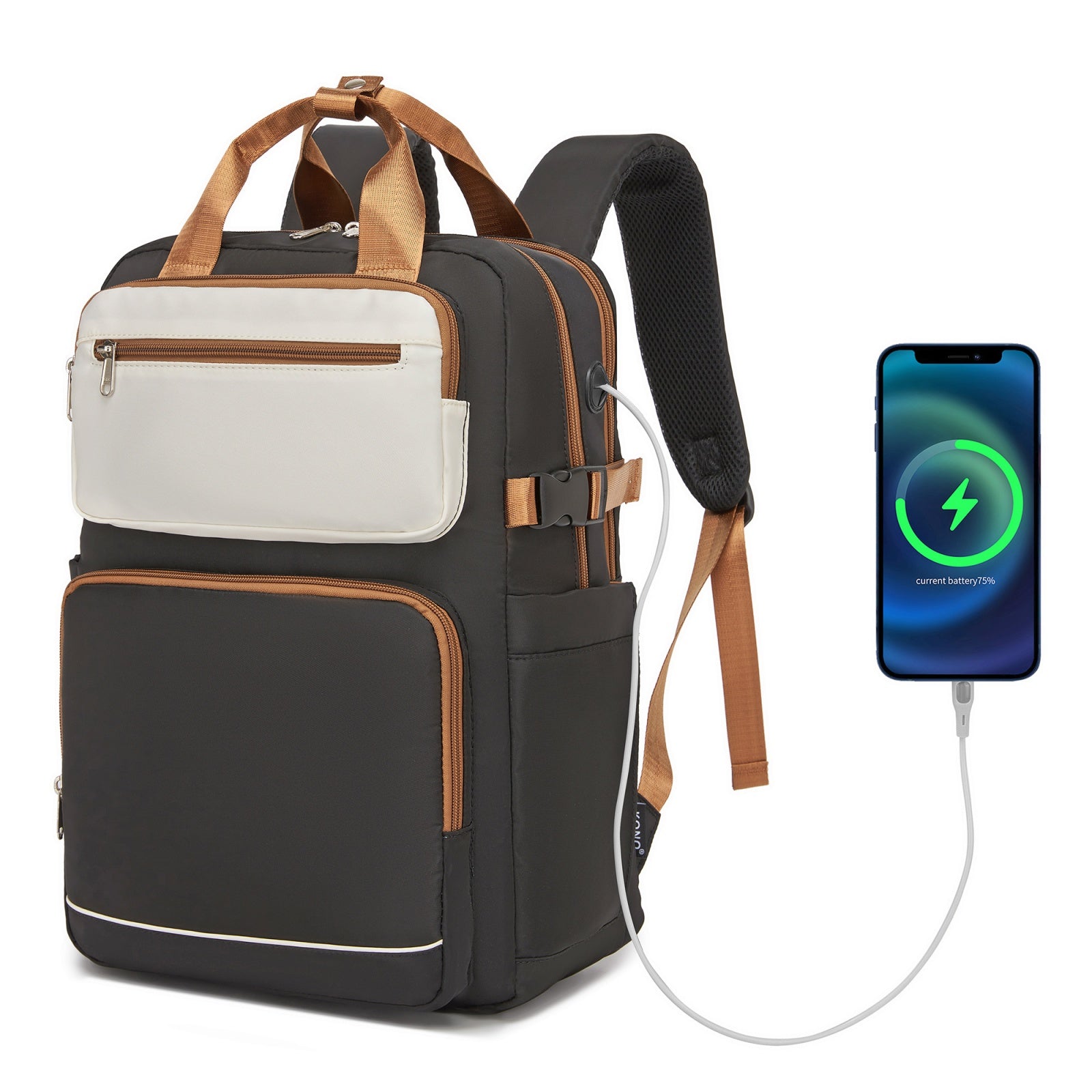 Kono Reflective Laptop Travel Backpack - Black and Beige