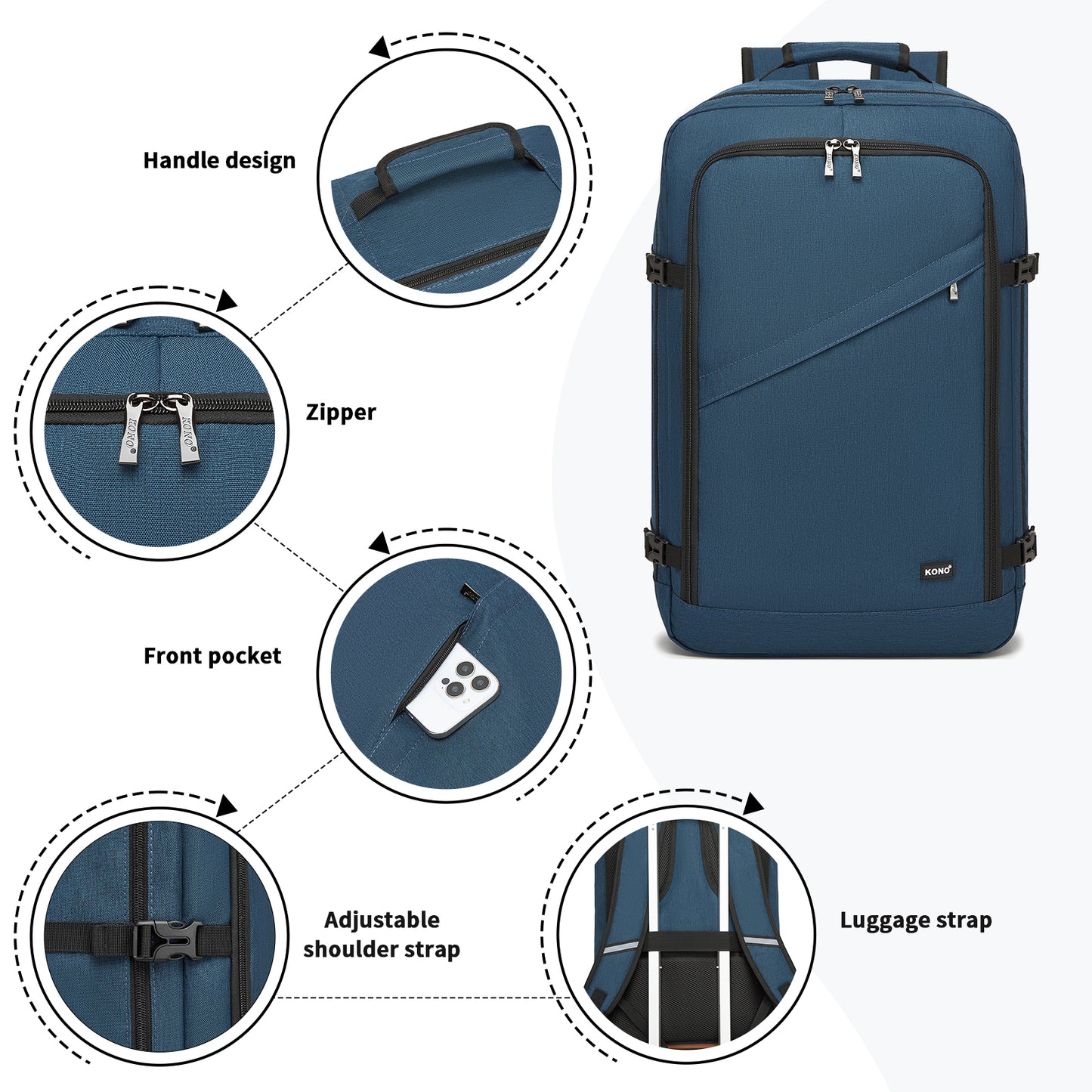 Kono 37L navy travel backpack product view