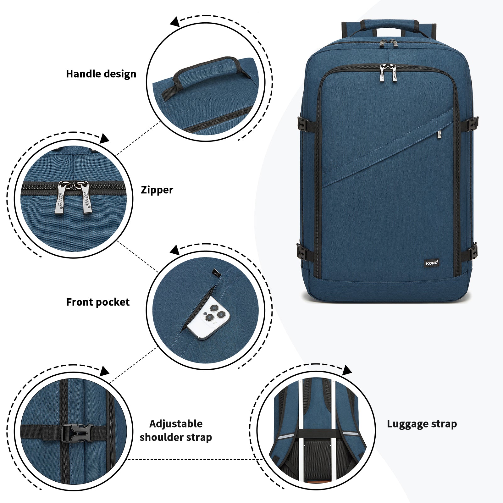 Kono 37L navy travel backpack product view