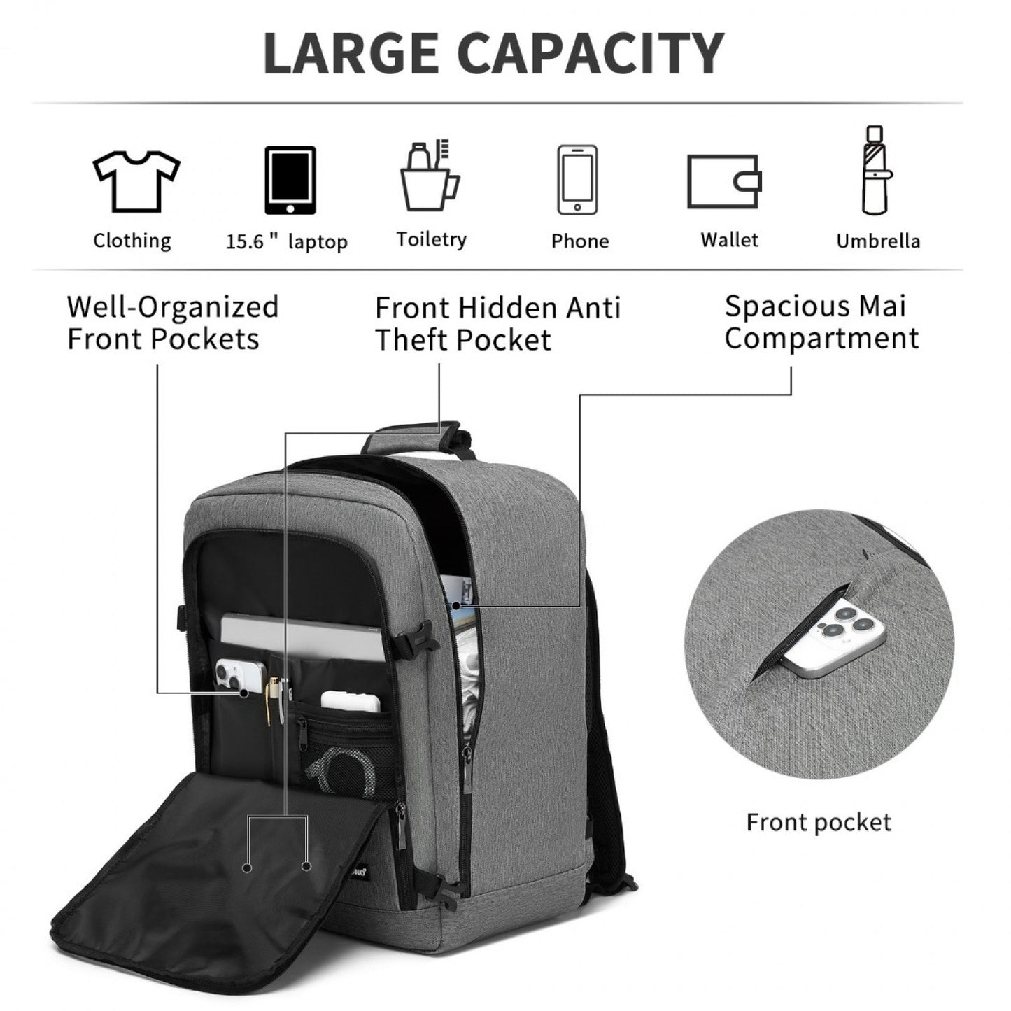 Kono medium grey travel backpack product view