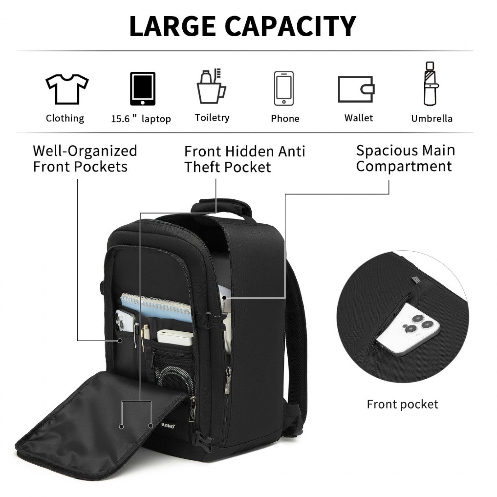 Kono black cabin backpack product view