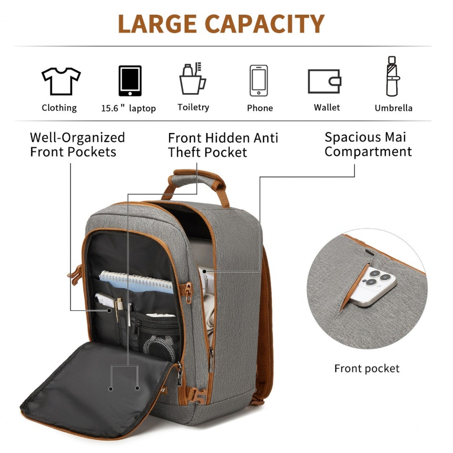 Kono grey and brown cabin backpack product view