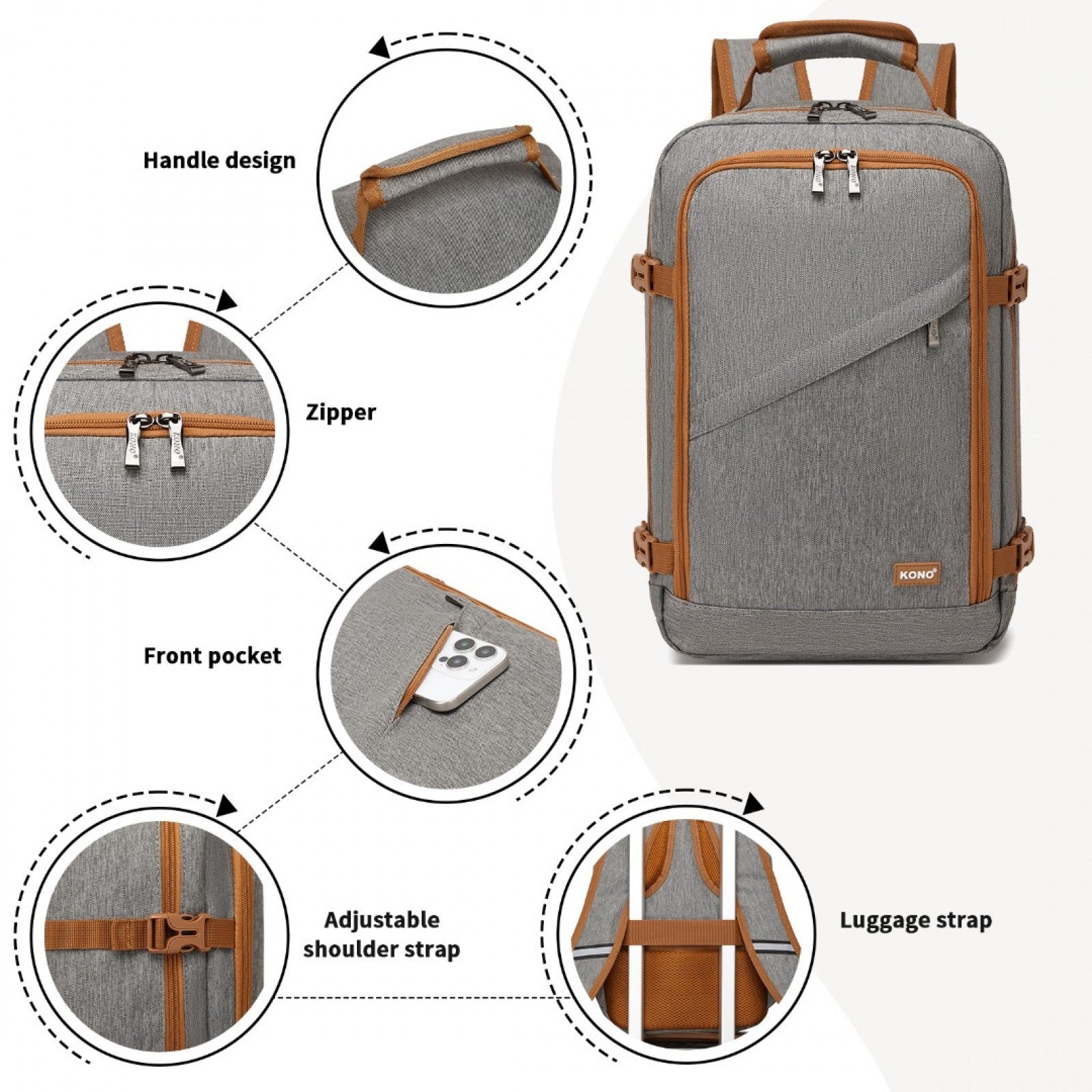 Kono grey and brown cabin backpack product view