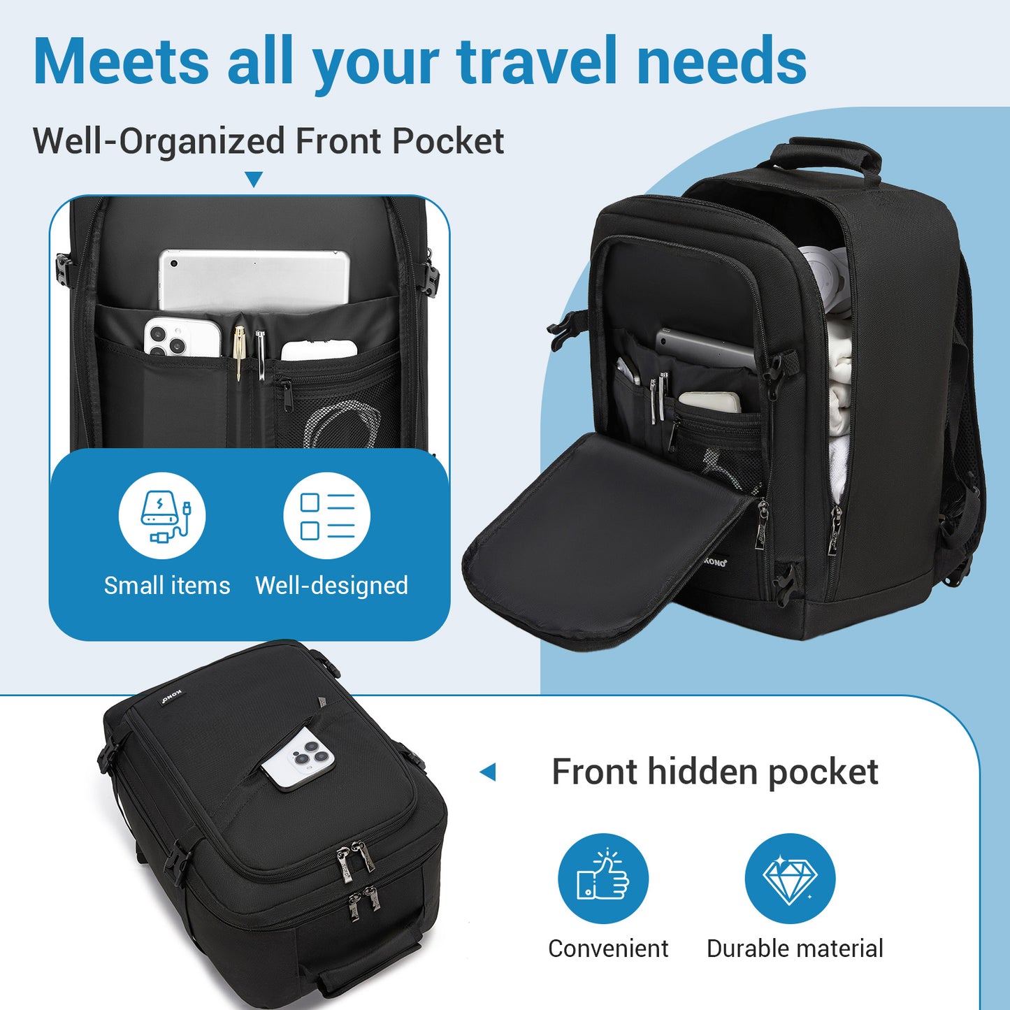 Kono black flexible cabin backpack product view
