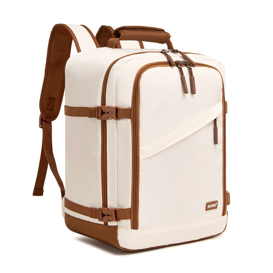 Kono Colour-Block Organised Cabin Backpack 40×30×20 – Spacious, Clamshell, 15.6″ Laptop, Travel & Commute Ready (BPK2565) - Beige & Brown