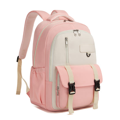 KONO Durable Water-Resistant Kids Backpack with Padded Laptop Sleeve and Multi-Pocket Organization for School (BPK2605) - Pink & Beige