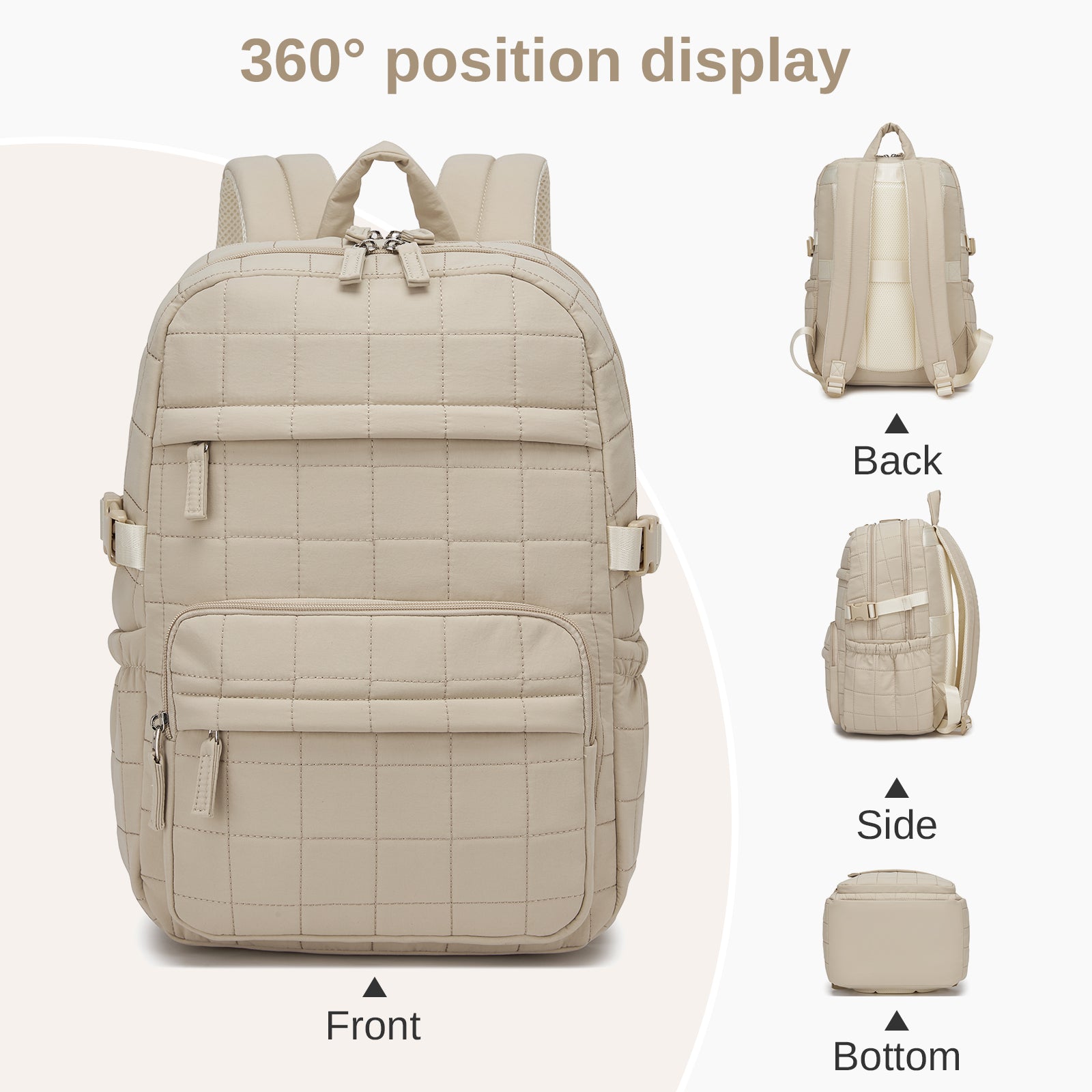 Miss Lulu Quilted Lightweight Backpack, Fits 15.6 Inch Notebook, Cabin Approved Underseat Carry On Bag (BPM2609) - Beige