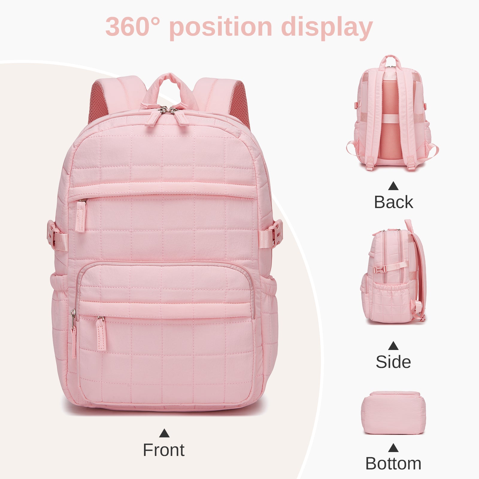 Miss Lulu Quilted Lightweight Backpack, Fits 15.6 Inch Notebook, Cabin Approved Underseat Carry On Bag (BPM2609) - Pink