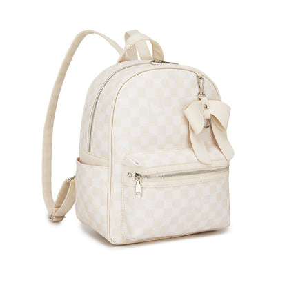 Miss Lulu Checked PVC Backpack with Detachable Bow, Casual Women’s Daypack for School, Travel & Daily Use (BPM2614) - Beige