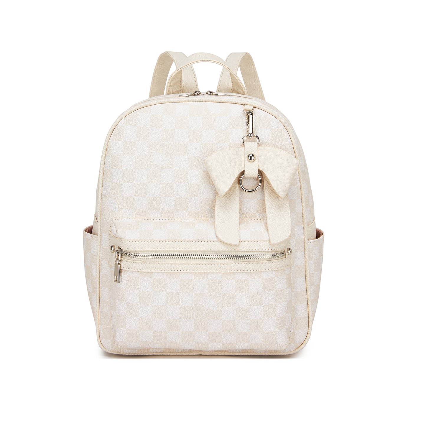 Miss Lulu Checked PVC Backpack with Detachable Bow, Casual Women’s Daypack for School, Travel & Daily Use (BPM2614) - Beige