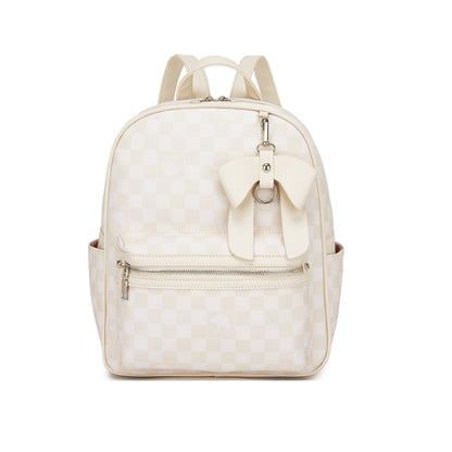 Miss Lulu Checked PVC Backpack with Detachable Bow, Casual Women’s Daypack for School, Travel & Daily Use (BPM2614) - Beige