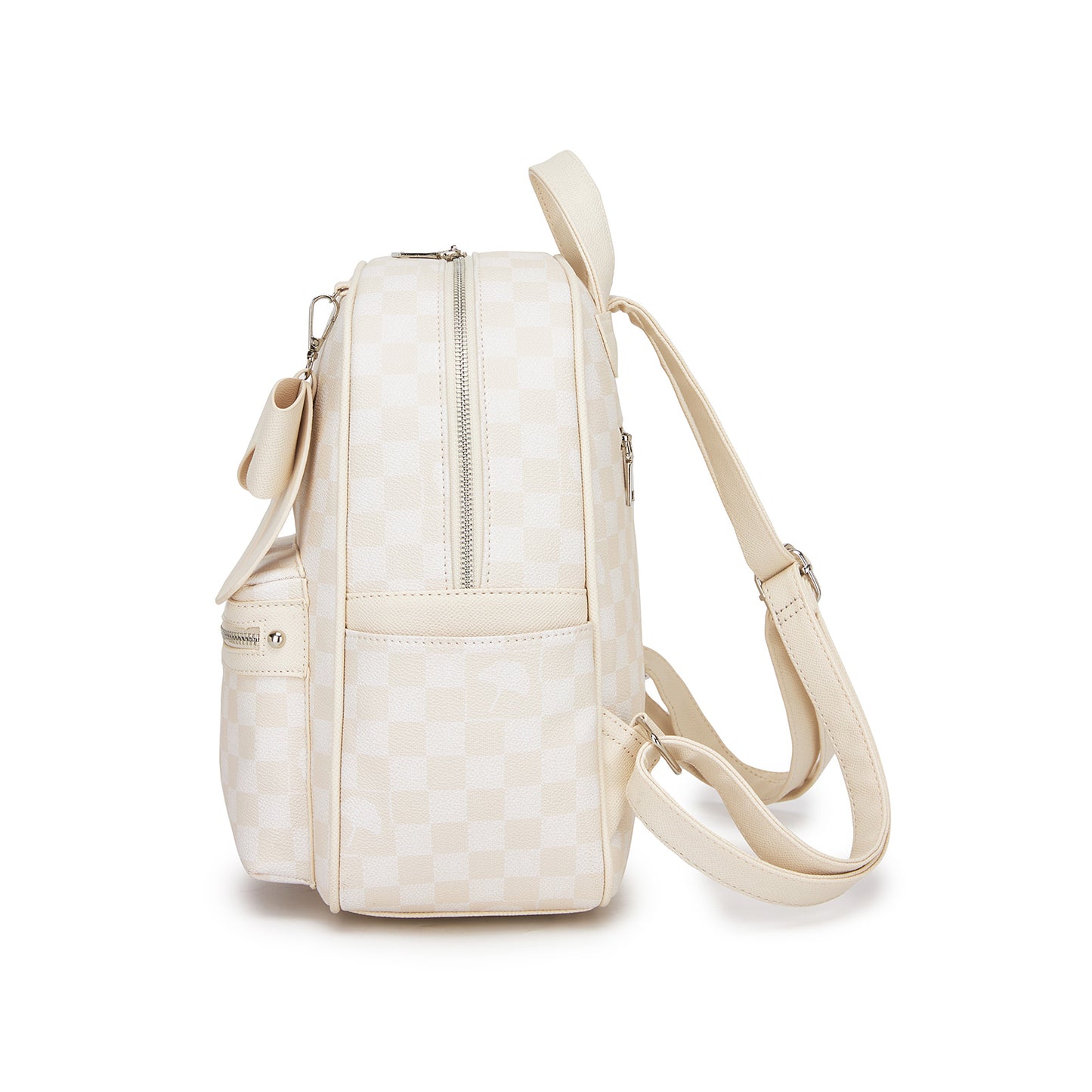 Miss Lulu Checked PVC Backpack with Detachable Bow, Casual Women’s Daypack for School, Travel & Daily Use (BPM2614) - Beige
