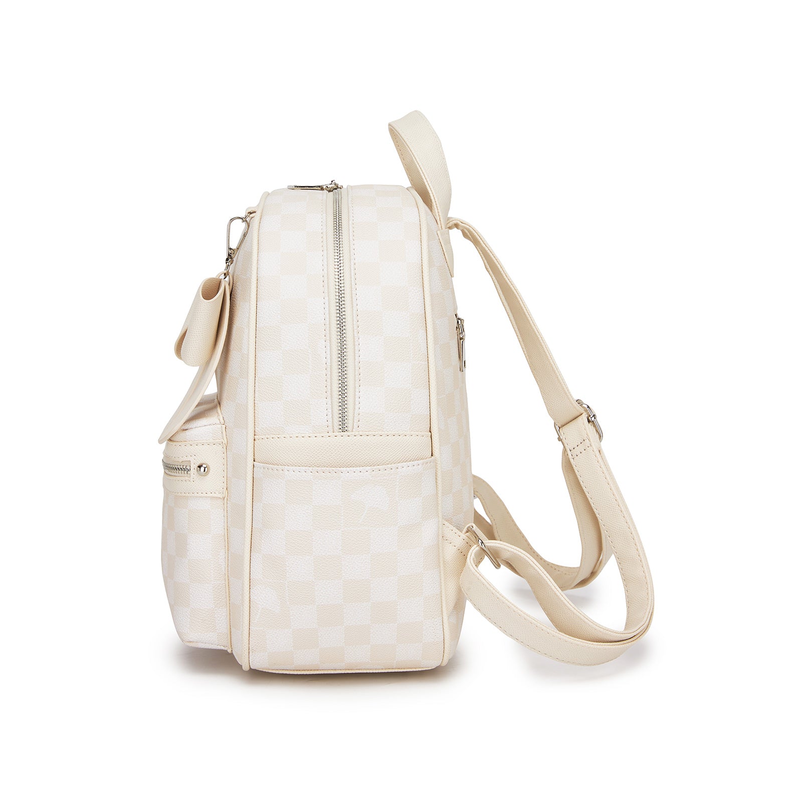 Miss Lulu Checked PVC Backpack with Detachable Bow, Casual Women’s Daypack for School, Travel & Daily Use (BPM2614) - Beige