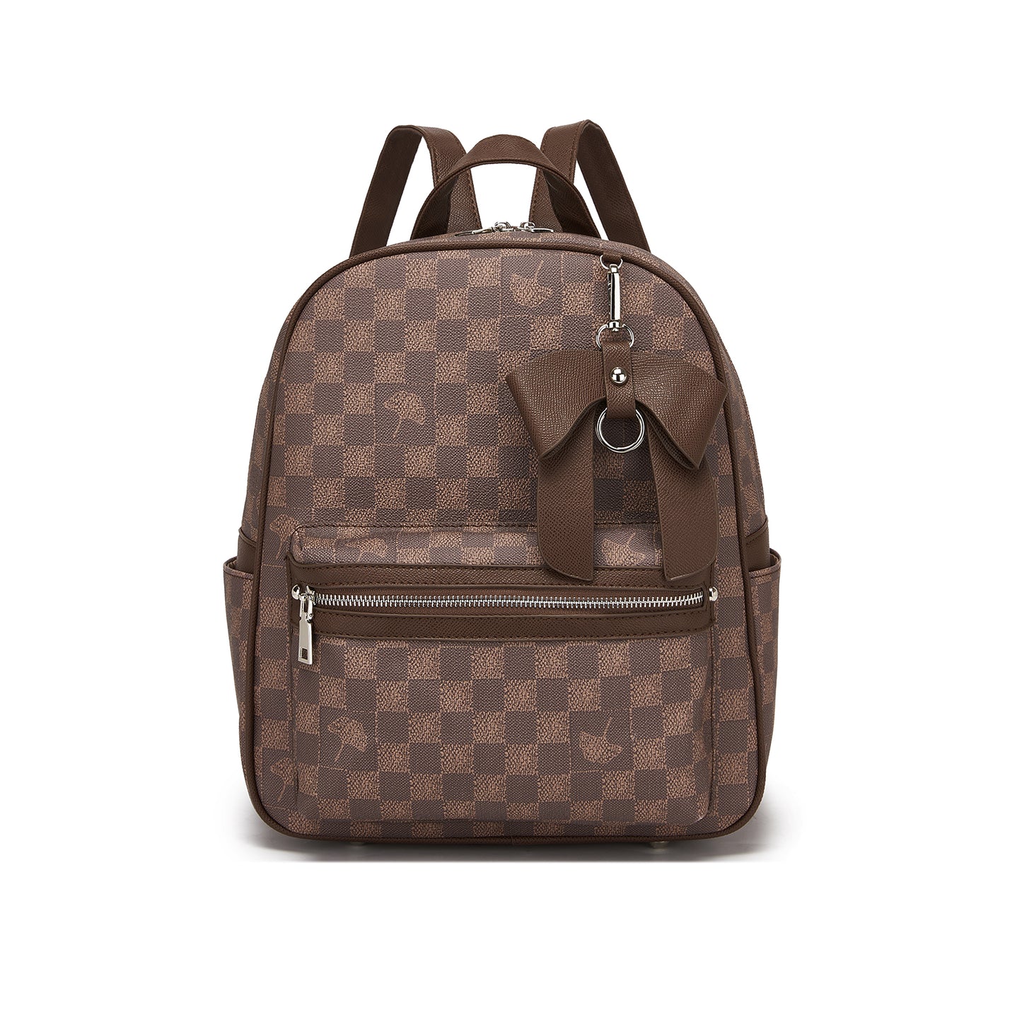 Miss Lulu Checked PVC Backpack with Detachable Bow, Casual Women’s Daypack for School, Travel & Daily Use (BPM2614) - Brown