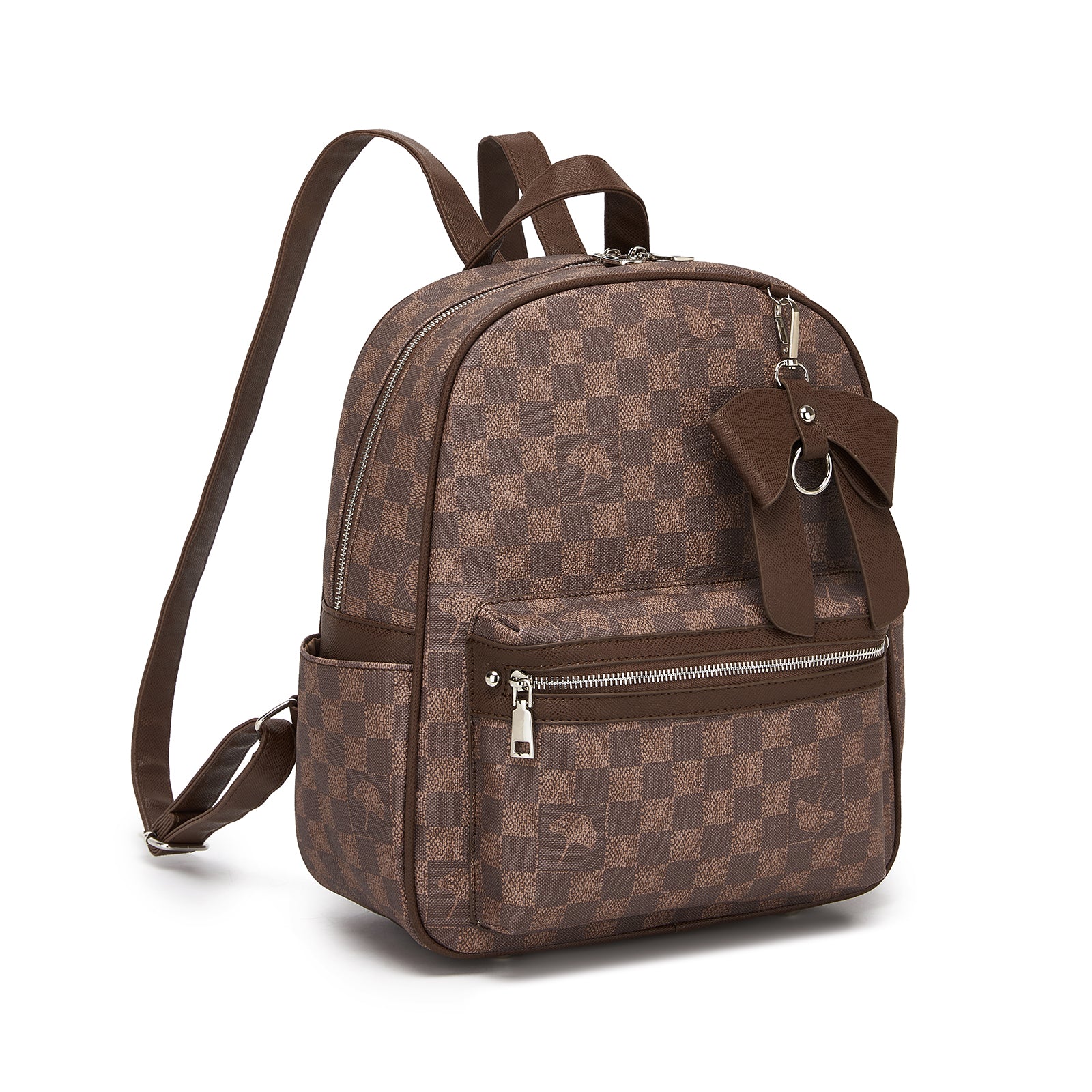 Miss Lulu Checked PVC Backpack with Detachable Bow, Casual Women’s Daypack for School, Travel & Daily Use (BPM2614) - Brown