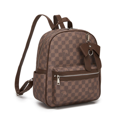 Miss Lulu Checked PVC Backpack with Detachable Bow, Casual Women’s Daypack for School, Travel & Daily Use (BPM2614) - Brown