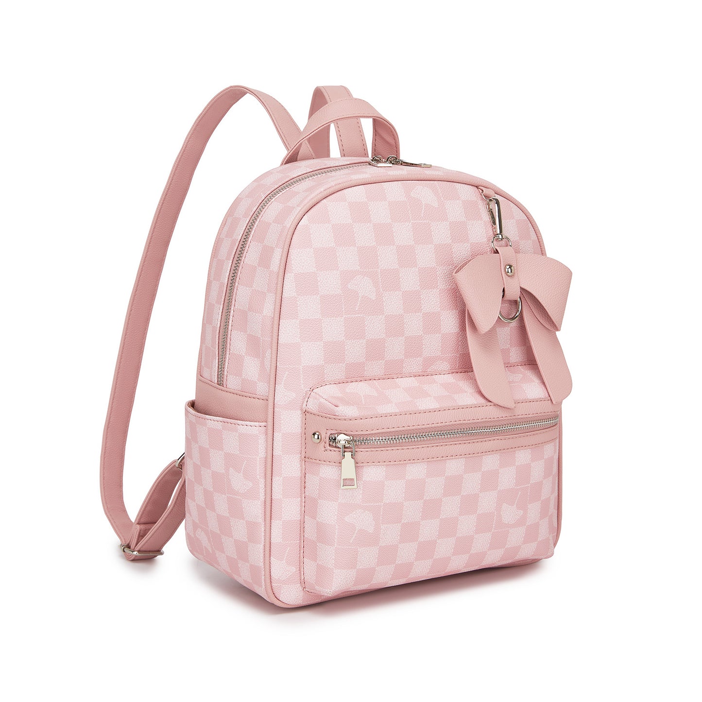 Miss Lulu Checked PVC Backpack with Detachable Bow, Casual Women’s Daypack for School, Travel & Daily Use (BPM2614) - Pink