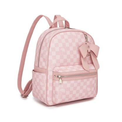 Miss Lulu Checked PVC Backpack with Detachable Bow, Casual Women’s Daypack for School, Travel & Daily Use (BPM2614) - Pink