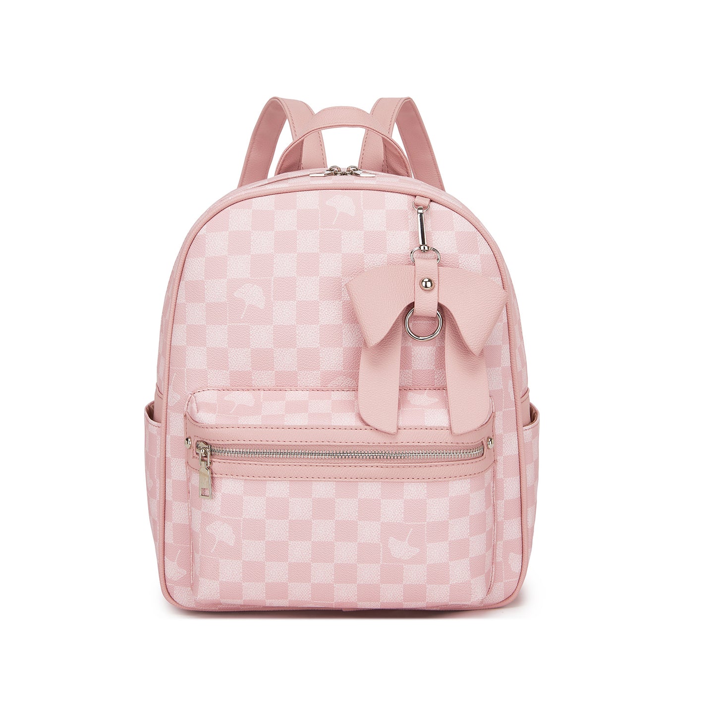 Miss Lulu Checked PVC Backpack with Detachable Bow, Casual Women’s Daypack for School, Travel & Daily Use (BPM2614) - Pink