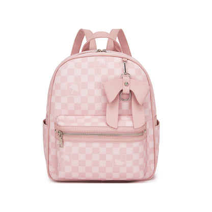 Miss Lulu Checked PVC Backpack with Detachable Bow, Casual Women’s Daypack for School, Travel & Daily Use (BPM2614) - Pink