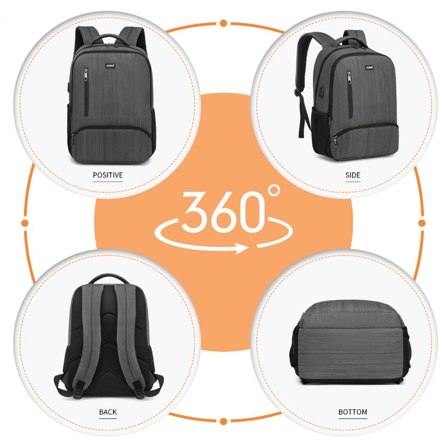 Kono Multi Compartment Backpack with USB Connectivity (E1978) - Grey