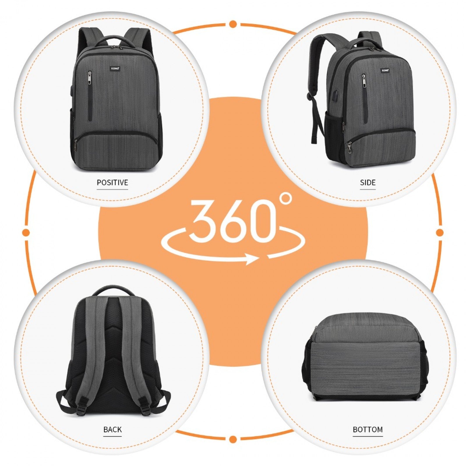 Kono Multi Compartment Backpack with USB Connectivity (E1978) - Grey