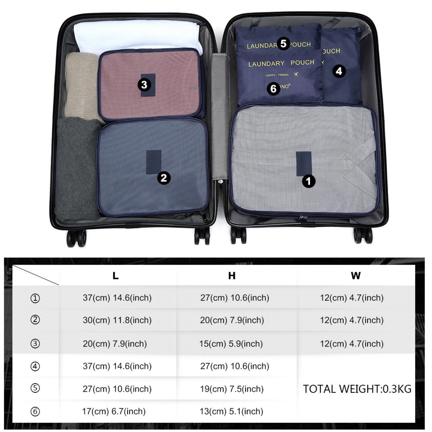 Kono 6 Piece Polyester Travel Luggage Organiser Bag Set (E2015) - Navy Blue