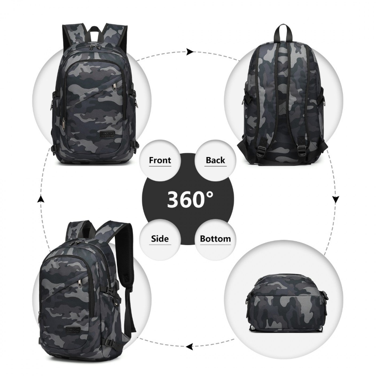 Kono Business Laptop Backpack with USB Charging Port (E6715) - Camo