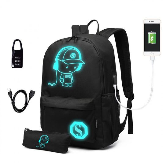 Kono Glow In The Dark Waterproof USB Charging Backpack With Pencil Case (E6879) - Black