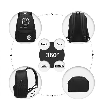 Kono Glow In The Dark Waterproof USB Charging Backpack With Pencil Case (E6879) - Black