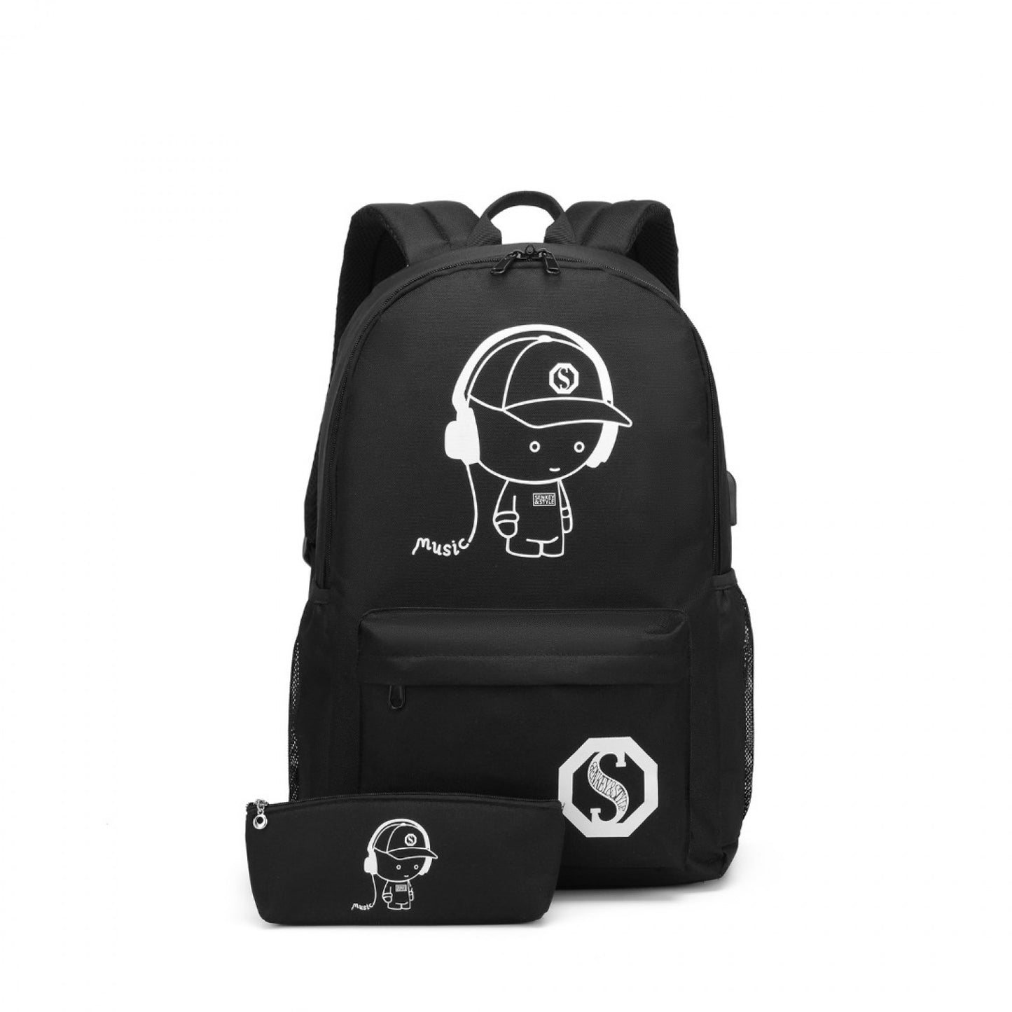 Kono Glow In The Dark Waterproof USB Charging Backpack With Pencil Case (E6879) - Black