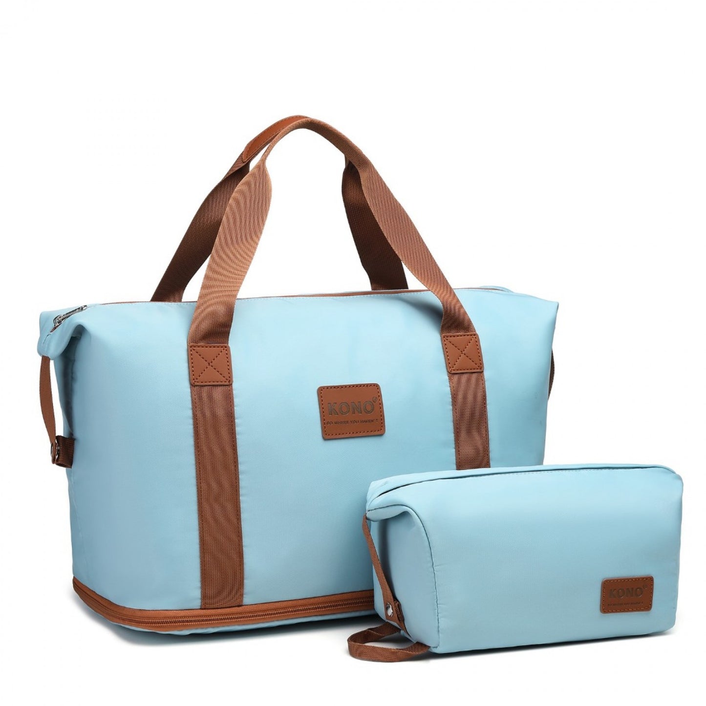 Kono Two Pieces Expandable Durable Waterproof Travel Duffel Bag Set (EA2212) - Grayish Blue & Brown