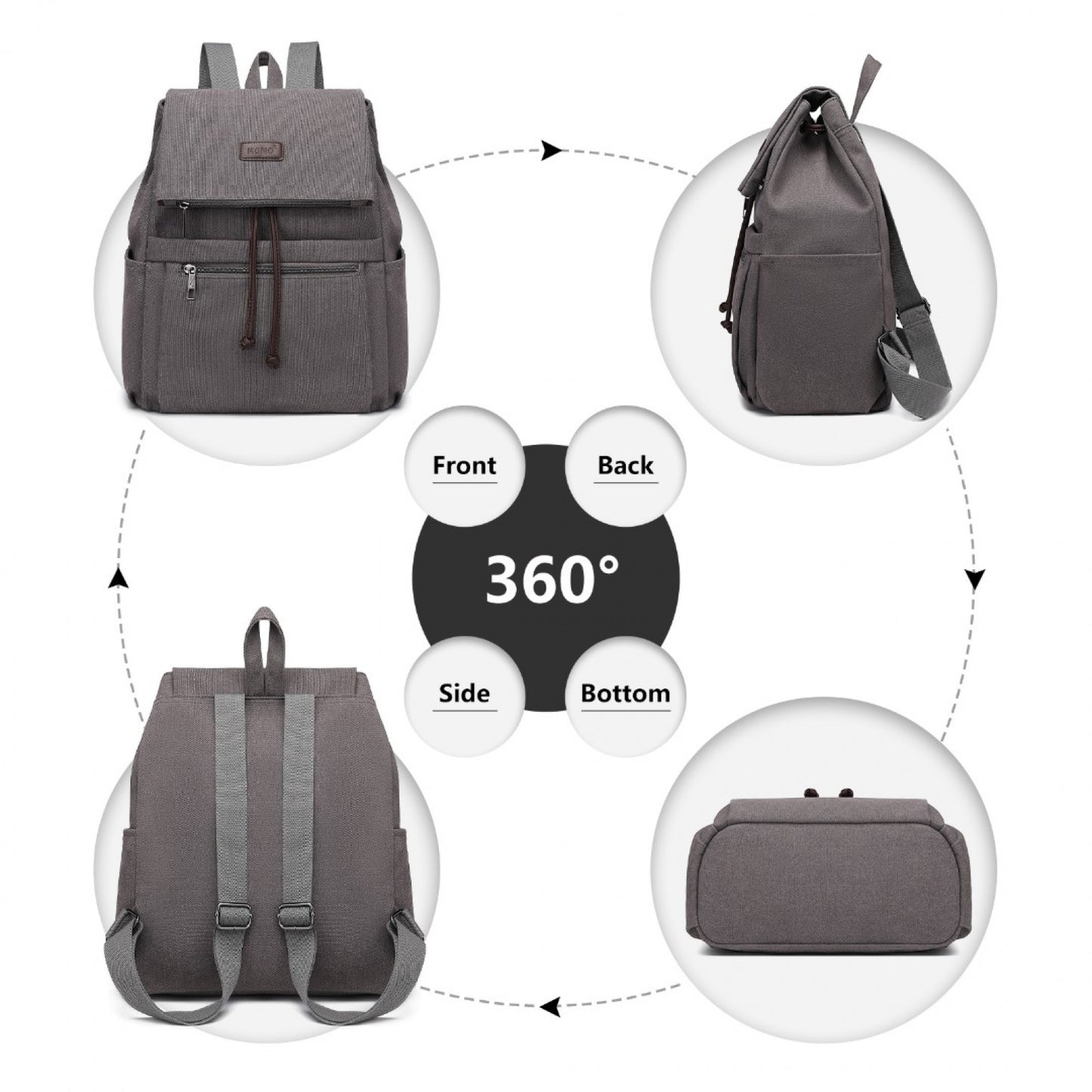 Kono Canvas Clamshell Drawstring School Backpack (EB2233) - Grey