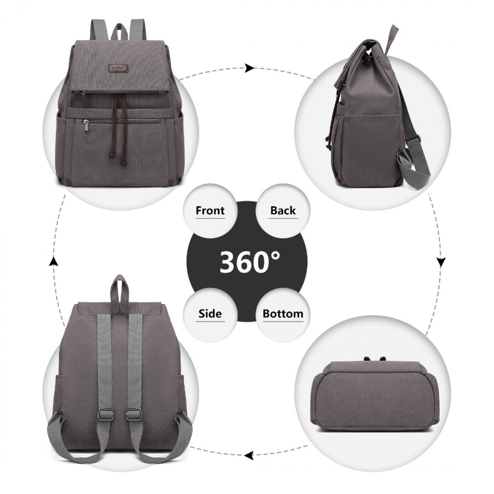 Kono Canvas Clamshell Drawstring School Backpack (EB2233) - Grey