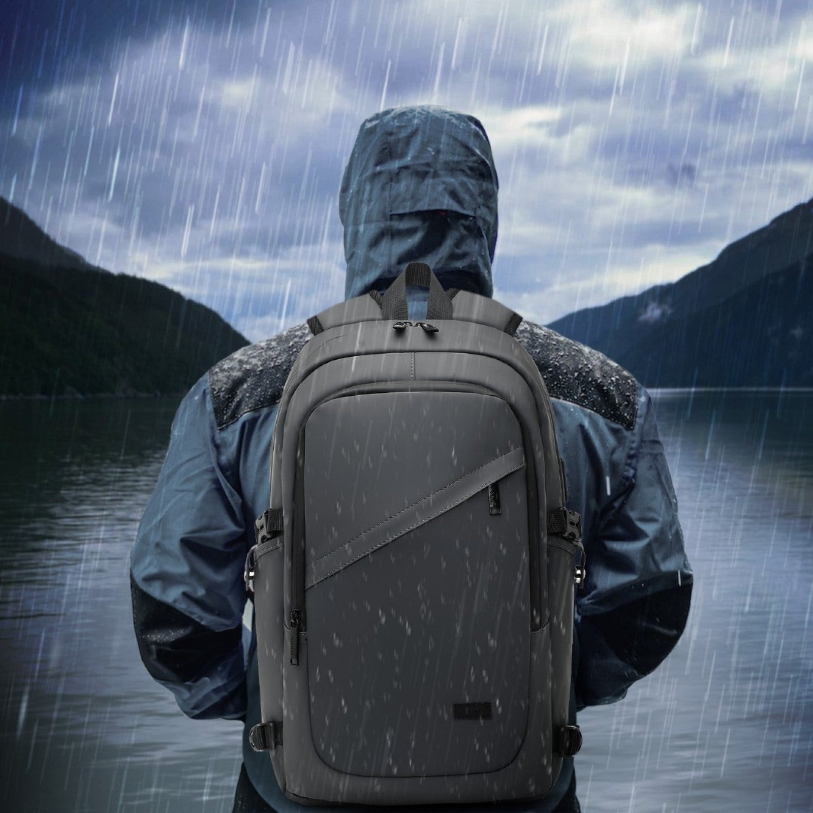 Kono PVC Coated Water-Resistant Tech Backpack With USB Charging Port (EM2349) - Grey