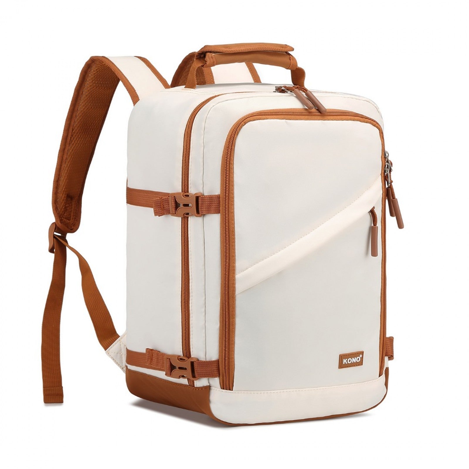 Kono Lightweight Cabin Bag Water-Resistant Soft Polyester Functional Travel Business Backpack (EM2365) - Beige & Brown