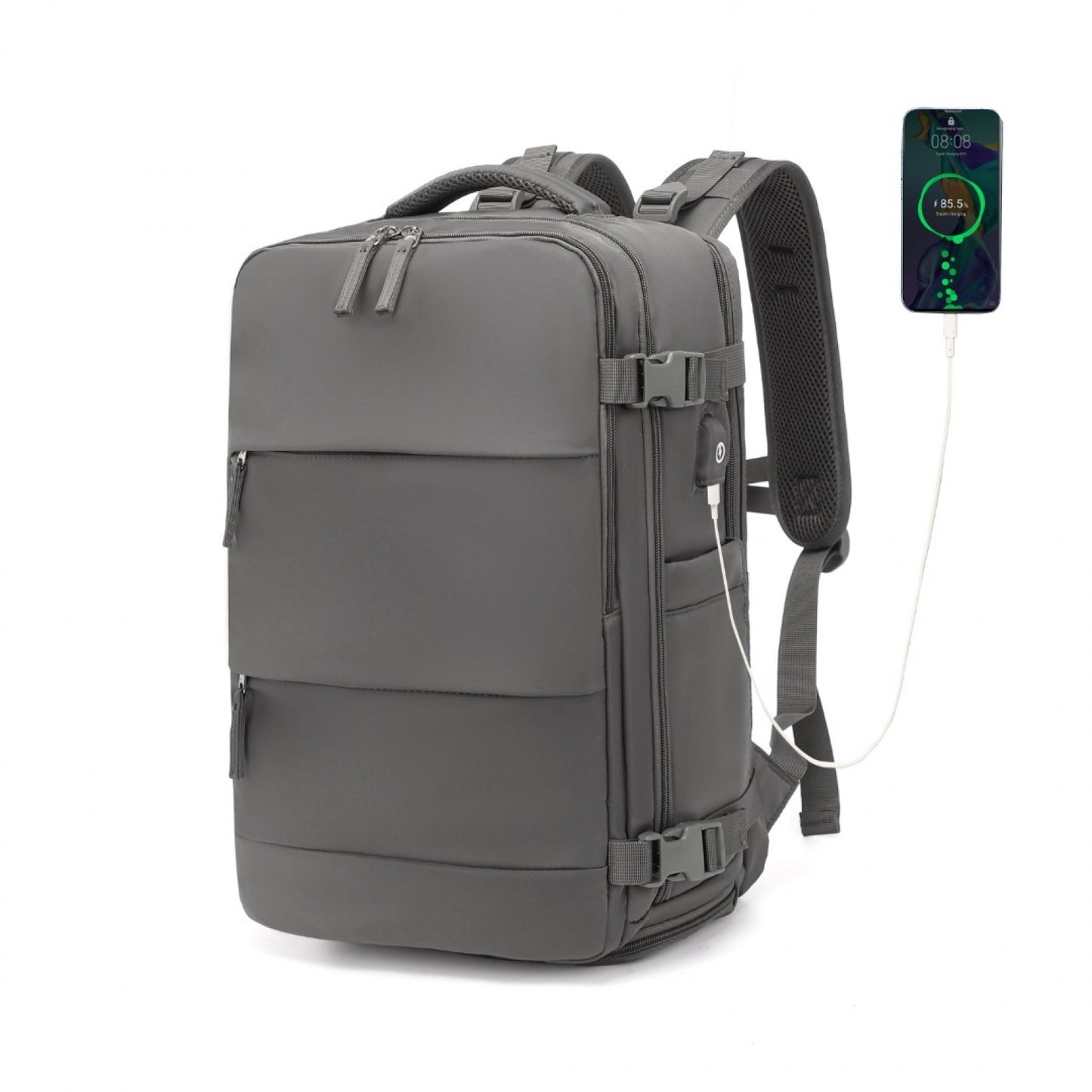 Kono Multi-Functional Breathable Travel Backpack With USB Charging Port And Separate Shoe Compartment (EQ2344) - Grey