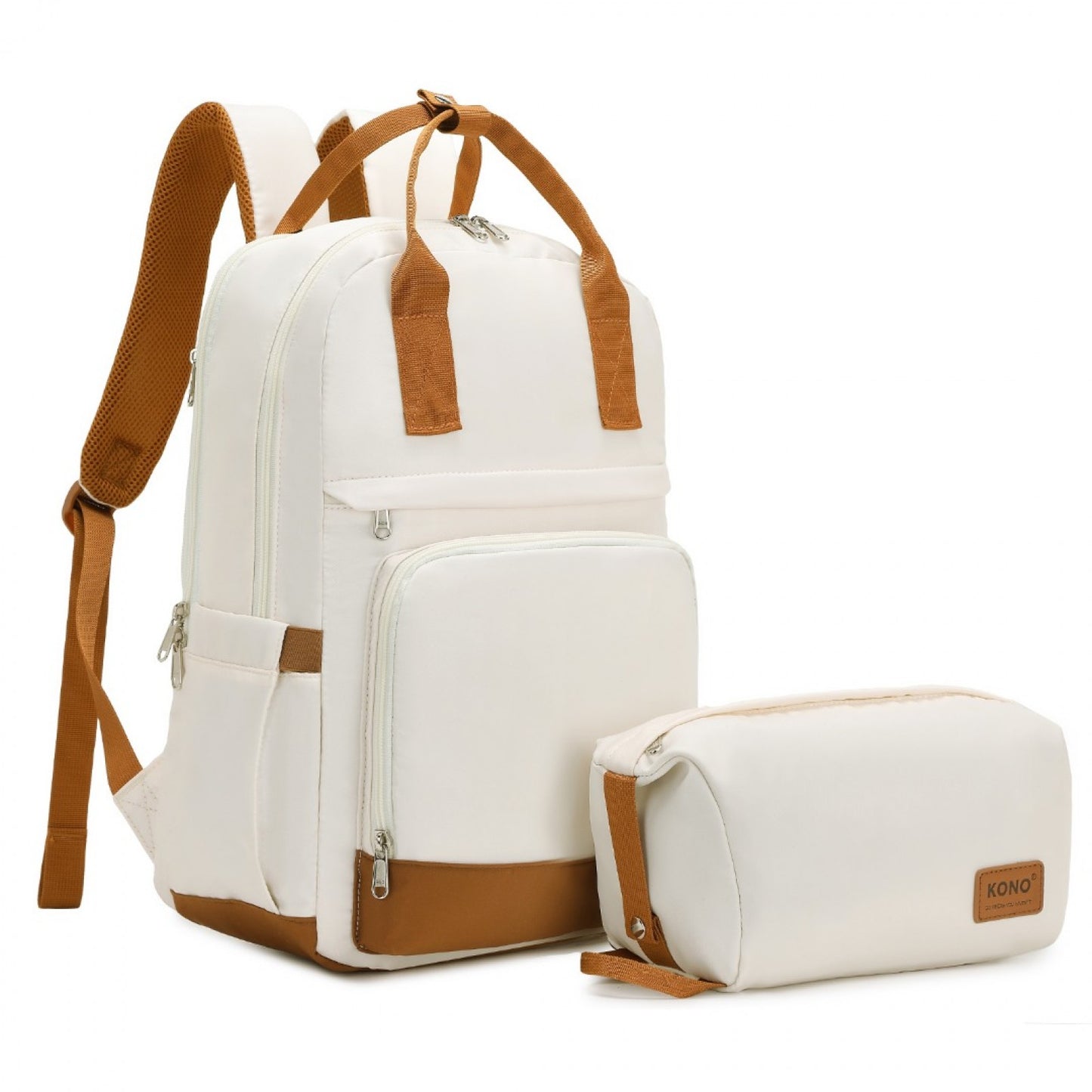 Kono Multi-Compartment Laptop Backpack with Type-C USB Charging Port and Small Pouch for Daily Commute and Travel (EQ2401) - Cream & Brown