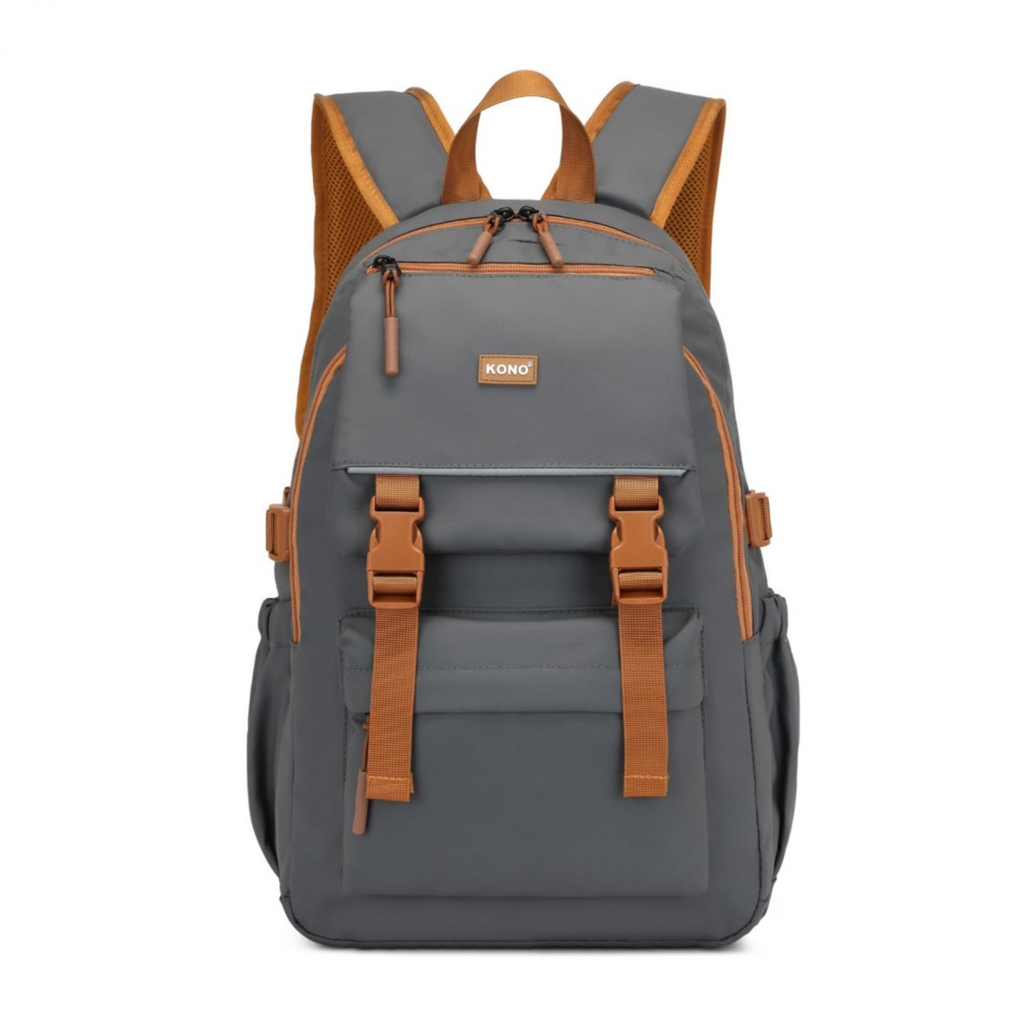 Kono PVC Coated Urban Water-Resistant Backpack with Reflective Safety Straps and Multi-Compartment Design (EQ2416) - Grey & Brown